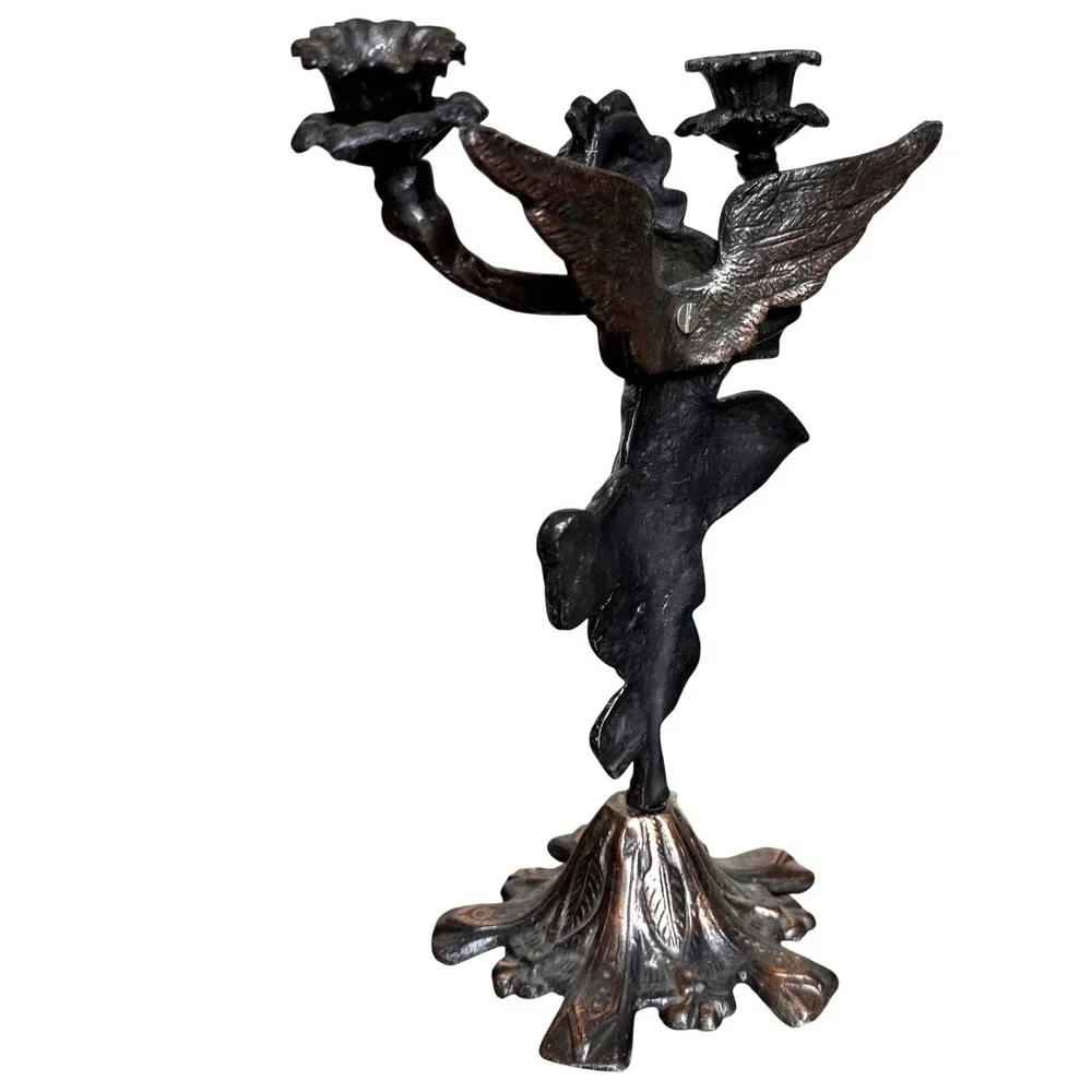 Vtg Winged Fairy Angel Candelabra Cast‎ Metal Double Taper Art Nouveau  Bronze